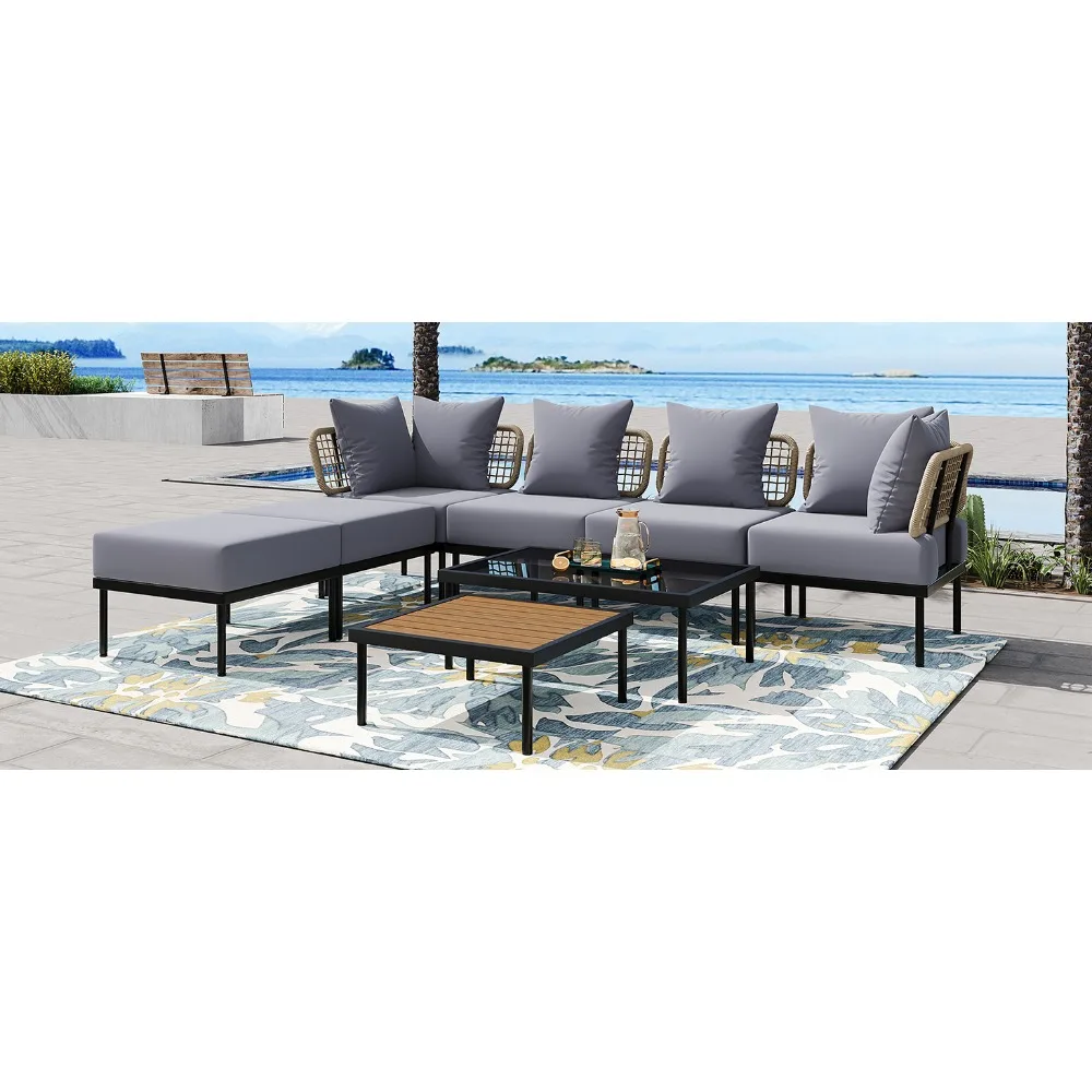 

8-Piece Patio Sectional Sofa Set with Tempered Glass Coffee Table and Wooden Coffee Table Garden Furniture Sets