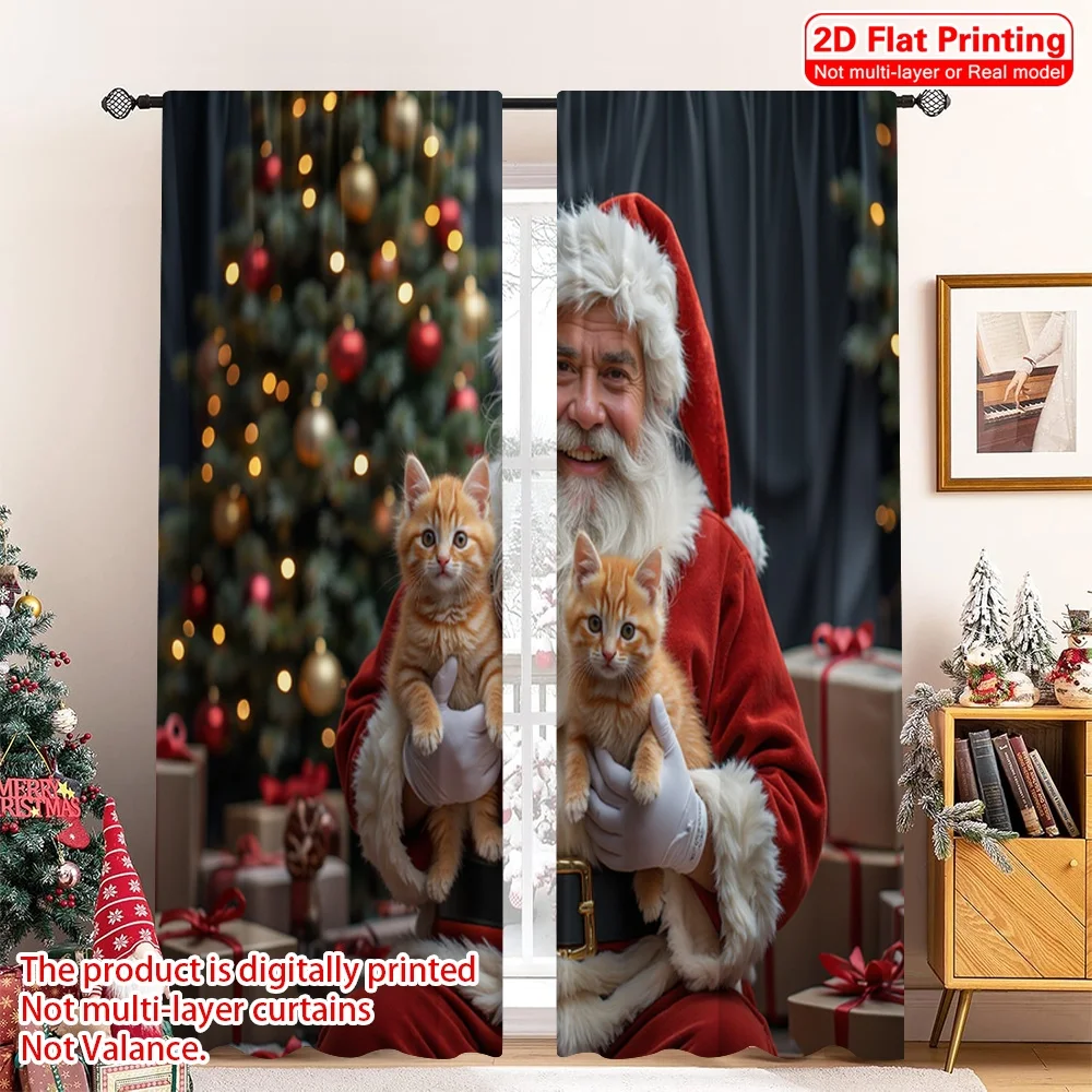

2pcs 2D flat printing Merry Christmas Curtains Santa Kitten Christmas Presents Polyester Without Electricity Party Decorations