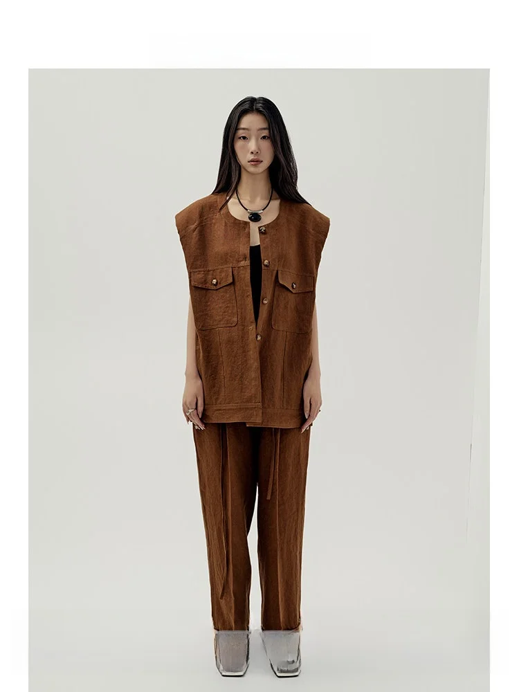

Organic Particle Sensation Linen Modern Vest Jaet Women VKI CLASSIC Sli Stand Collar Button Sle Chic Summer Outerwear