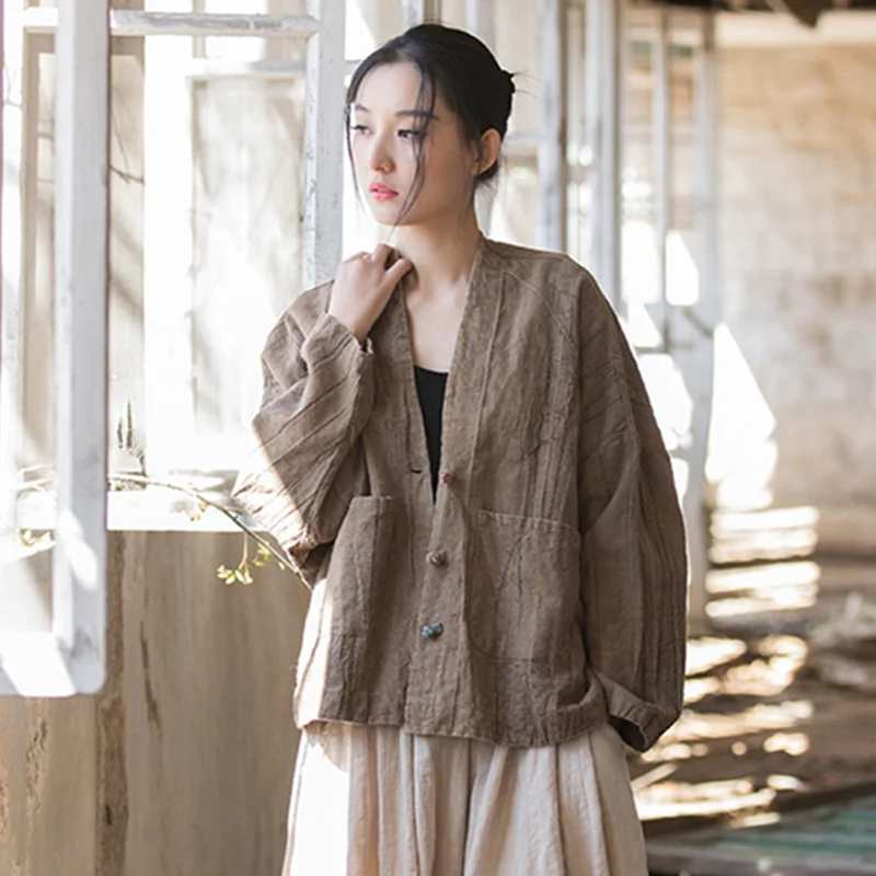 Women Loose Shirt Summer Autumn r Retro Casual Flax Tops Ladies Vintage Blouse Tops Outer Garment Woman Jacket