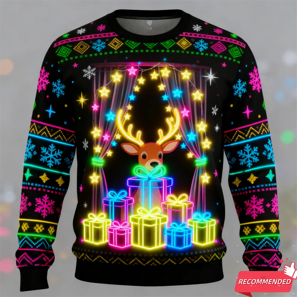 Harajuku وهمية النيون قطار الجرافيك بلوزات الأيائل حفلة عيد الميلاد ثلاثية الأبعاد طباعة القبيح عيد الميلاد سترة للجنسين البلوفرات الشارع الشهير الصبي القمم #2