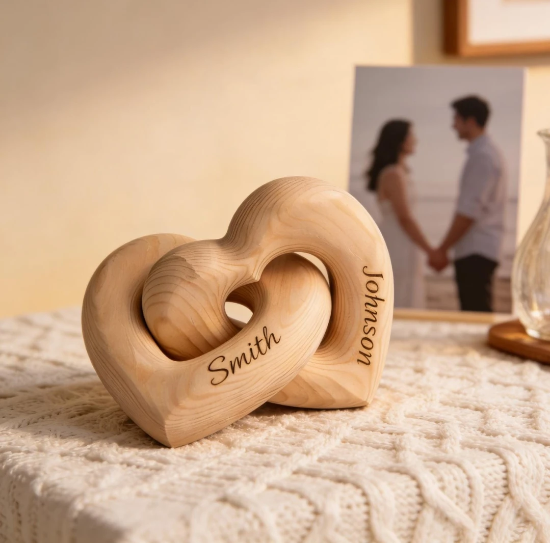 Personalized Anniversary Gift for Her or Him, Infinity Heart with Couple Names, Custom Engraved Wooden Keepsake