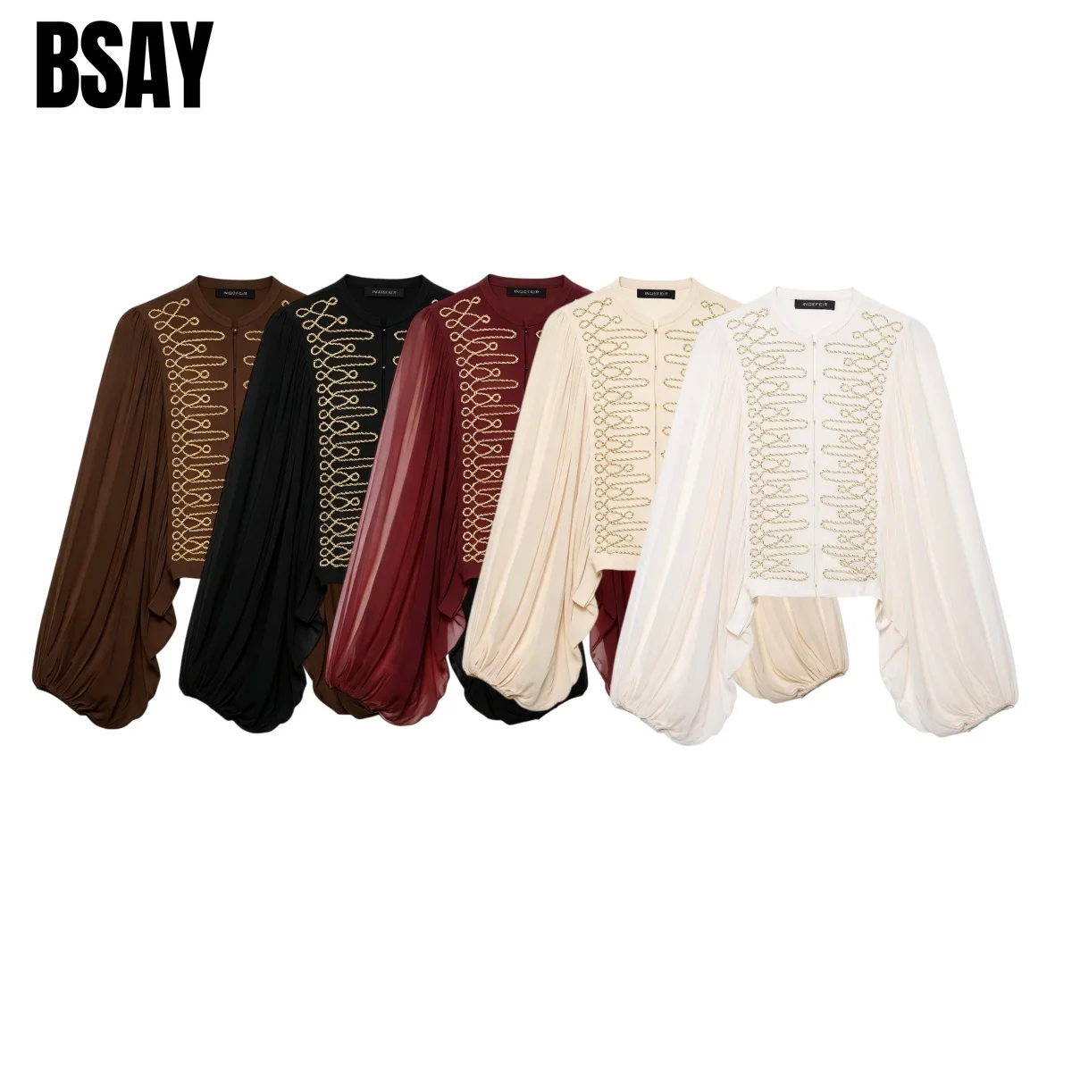 BSAY 2026 Autumn Women Elegant Party Romantic Rope Knot Embellished Blouse Stand Collar Lantern Long Sleeve Sheer Cropped Top