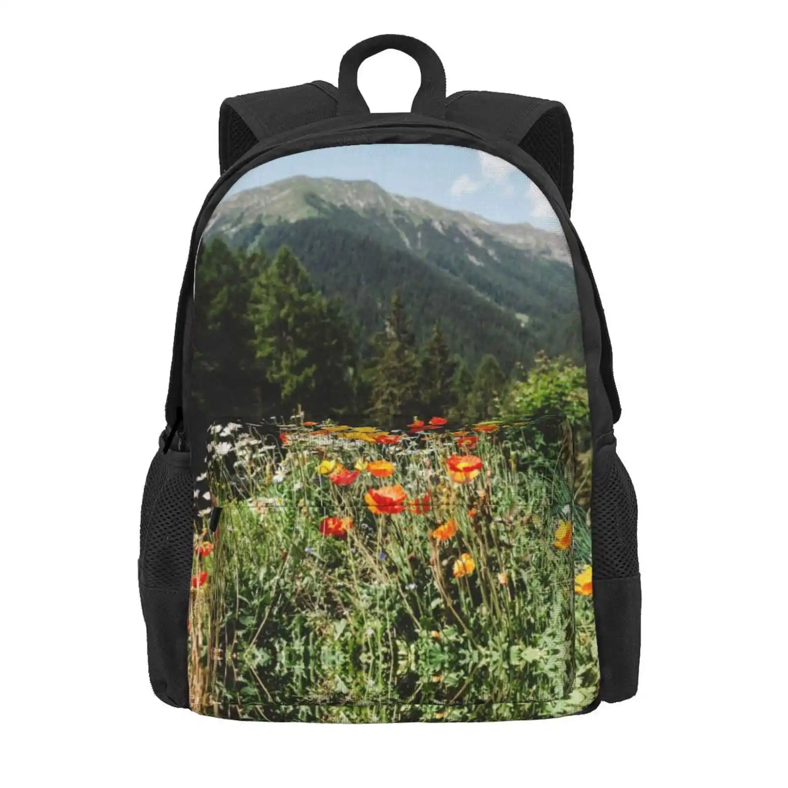 Mountain Garden Hot Sale Schoolbag Backpack Fashion Bags Garden Mountains Mountain Landscape Wildflowers Bloom Blossom Forest