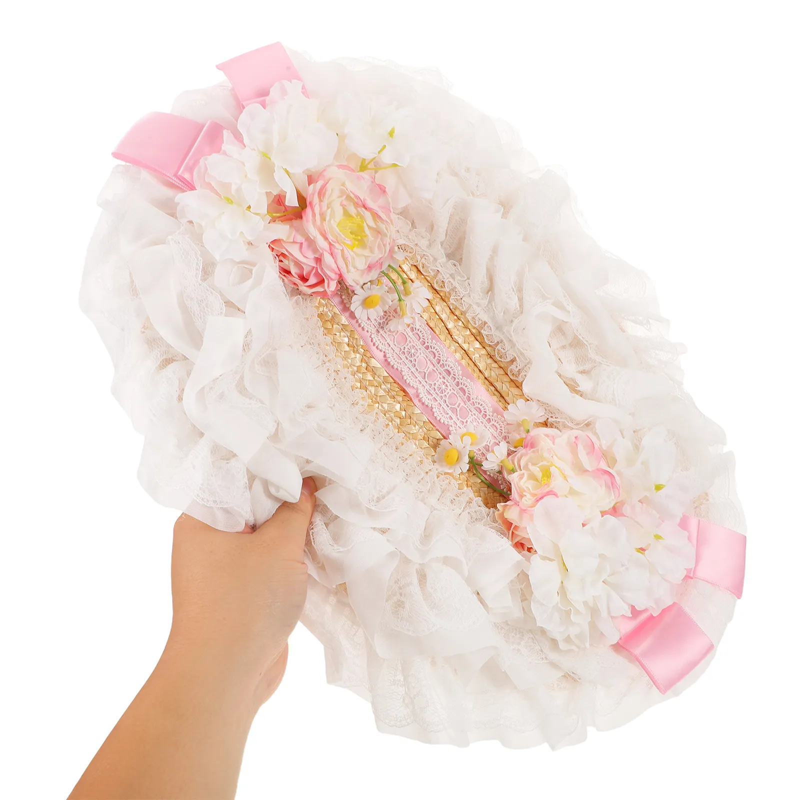 

Викторианский кружевной соломенный шляп-боннет для женщин с широкими полями, плетеная шляпа для защиты от солнца с цветочными акцентами, для чаепития в стиле Лолита, сада, пляжа