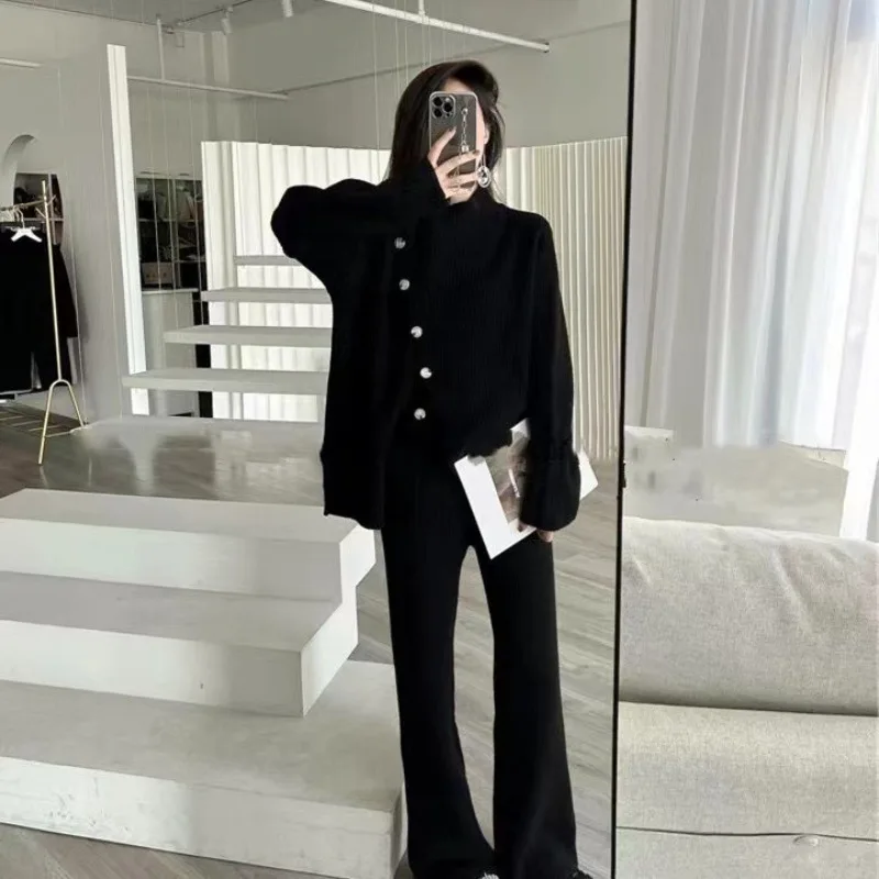 Autumn Winter 2 Pieces Women Set Fashion High Neck Split Knit Sweater Top and Wide Leg Pants Suit Ladies Commuter Casual Outfits