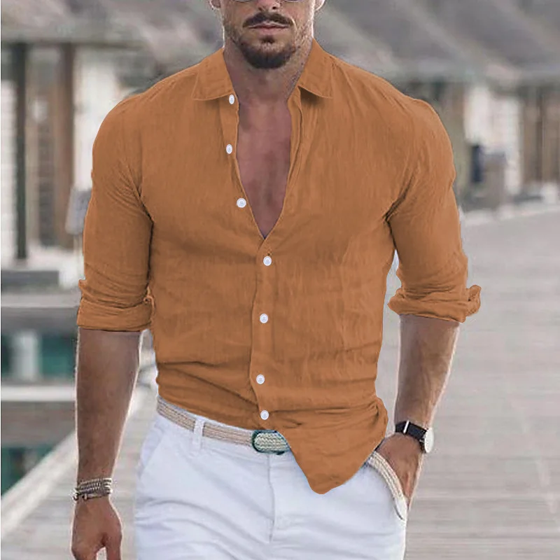 

Men's Summer Cotton and Linen Lapel Beach Shirt New Long Sleeve Solid Color 2025 Clothing