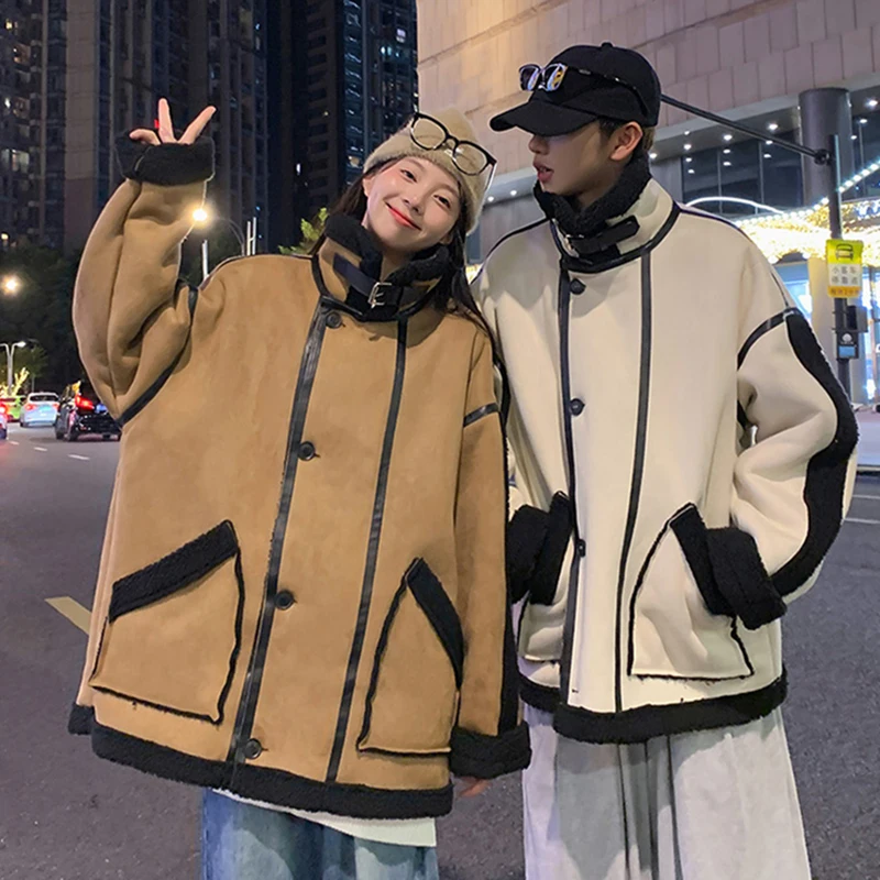 

Lamb Fur Jaet Men's Winter Inteated Leather And Fur Motorcycle Sle Cotton Coat Couple Outfit Thi Warm Long Sve