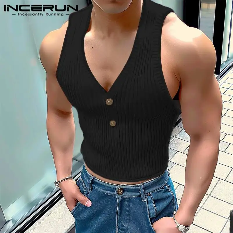 INCERUN Tops 2024 Korean Style Men Summer Fashion Knitted Pit Stripe V-neck Vests Casual Simple Solid Sleeveless Tank Tops S-5XL