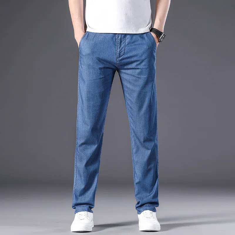 Summer Thin Jeans for Man Business Straight Stretch Baggy Denim Jeans Pant Men Black Blue Clothing trousers jean 2025