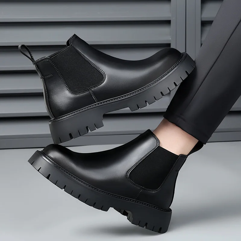 Short boots 2026 Korean version British fashion men's casual high top leather shoes business retro simple leather boots