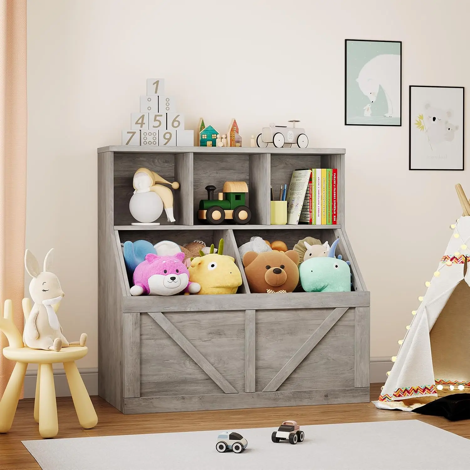 Kids Toy & Book Storage Cabinet Multi-use Organizer for Bedroom Playroom Nursery Daycare Grey, Customized