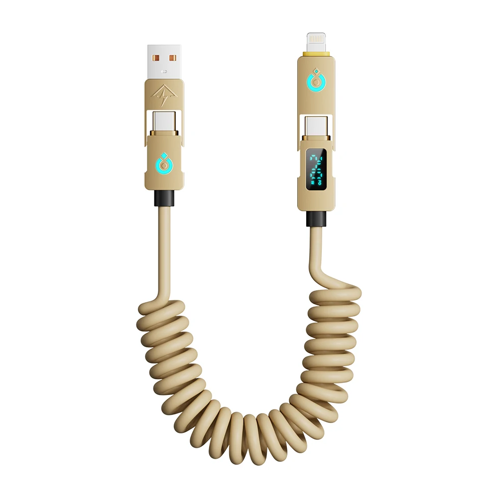 240W USB-C Cable with Digital Display Retractable 4-in-1 Fast Charging Cord, Tangle-Free Spring Design Retractable Data Cable-2m