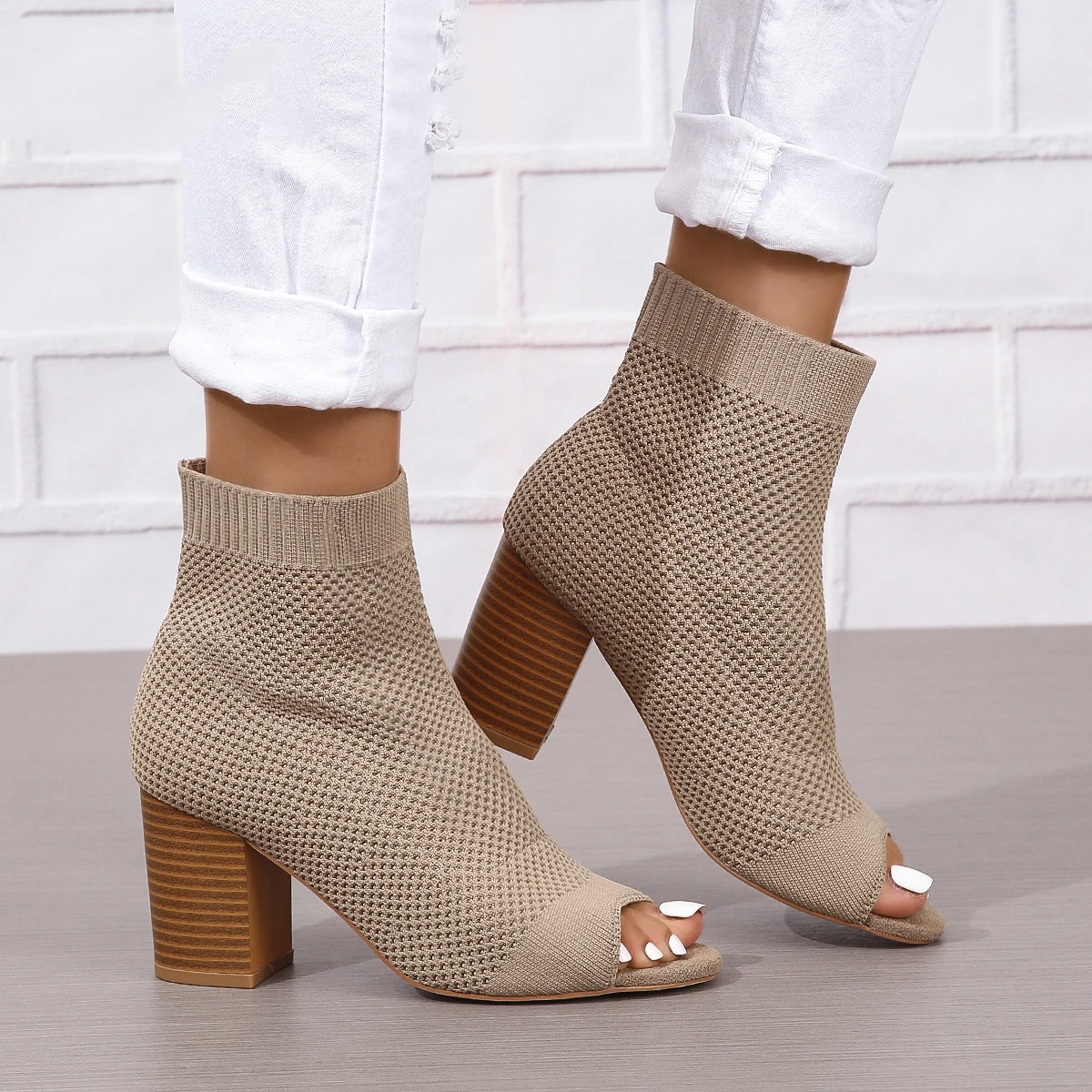 Fashion Peep Toe Black Fabric Knitting Ankle Socks Boots Small Hole Hollow Out Women Metal High Heels Party Dance Shoes Size 42