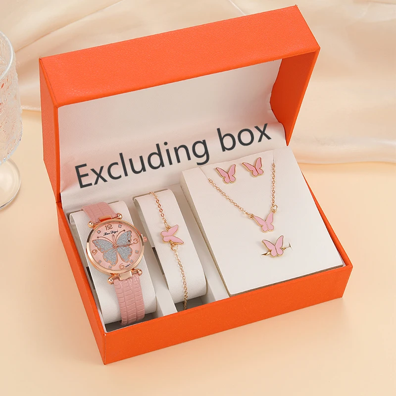 1 قطعة من نمط الفراشة الوردية المتلألئة بمزاج عصري للنساء مقترن 5 قطع من المجوهرات ساعة كوارتز للنساء