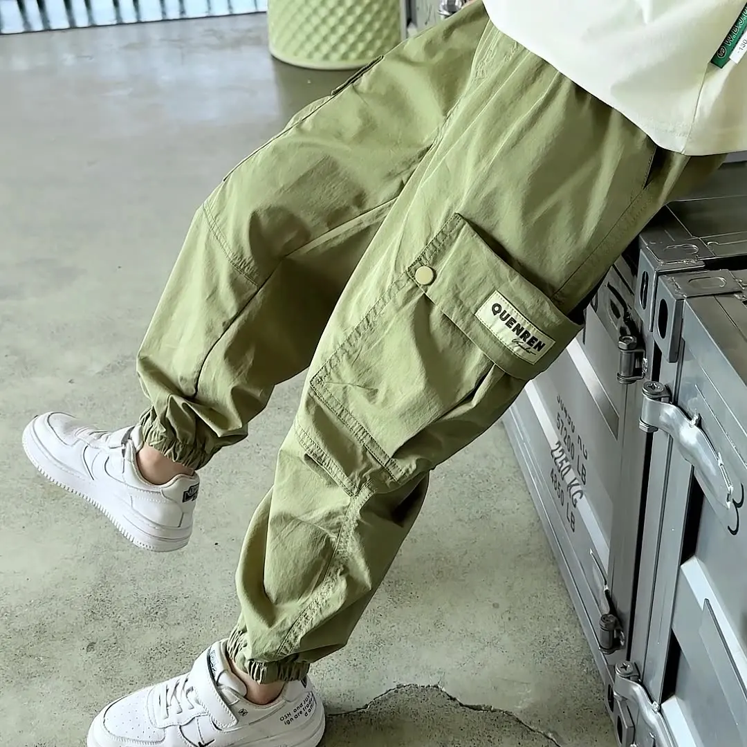 Teen Boys Cotton Cargo Pants Children Casual Green Sweatpants Three-dimensional High Visibility Sports Pants Children's Clothing