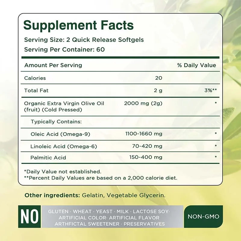 Olive Oil Supplement - Supports Brain, Skin and Heart Health, Antioxidant, Reduces Wrinkles, Promotes Cell Repair,Boost Vitality