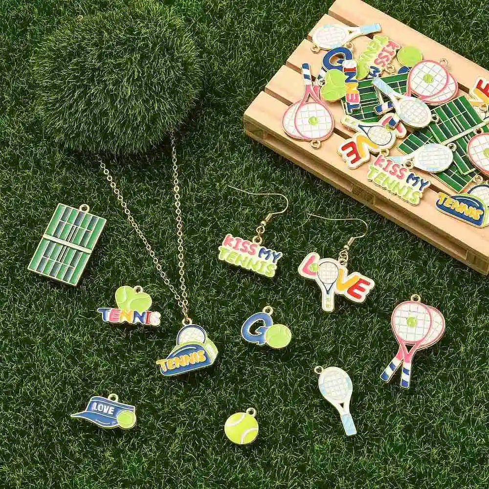 40pcs Sport Enamel Tennis Charms Tennis Racket Ball Pendants Gold Tone Alloy for Handmade Bracelet Necklace Jewelry DIY Crafts