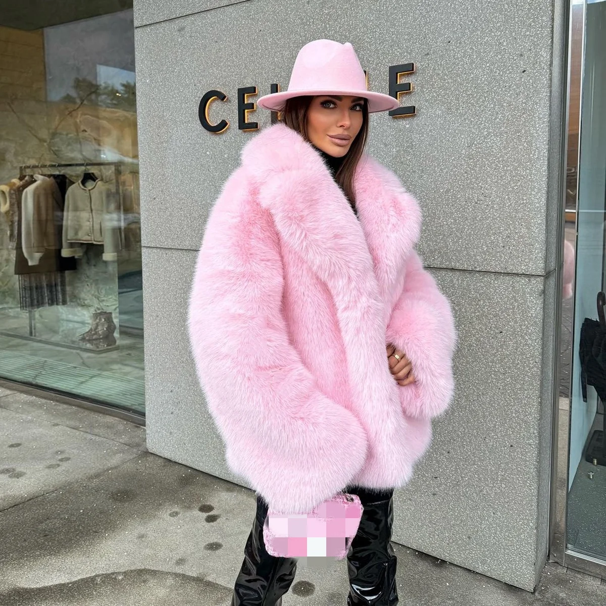 Fashion Luxury Women Real Fox Fur Lapel Collar Female Coat Fall Winter Pink Color Warm Thick Coat Jacket