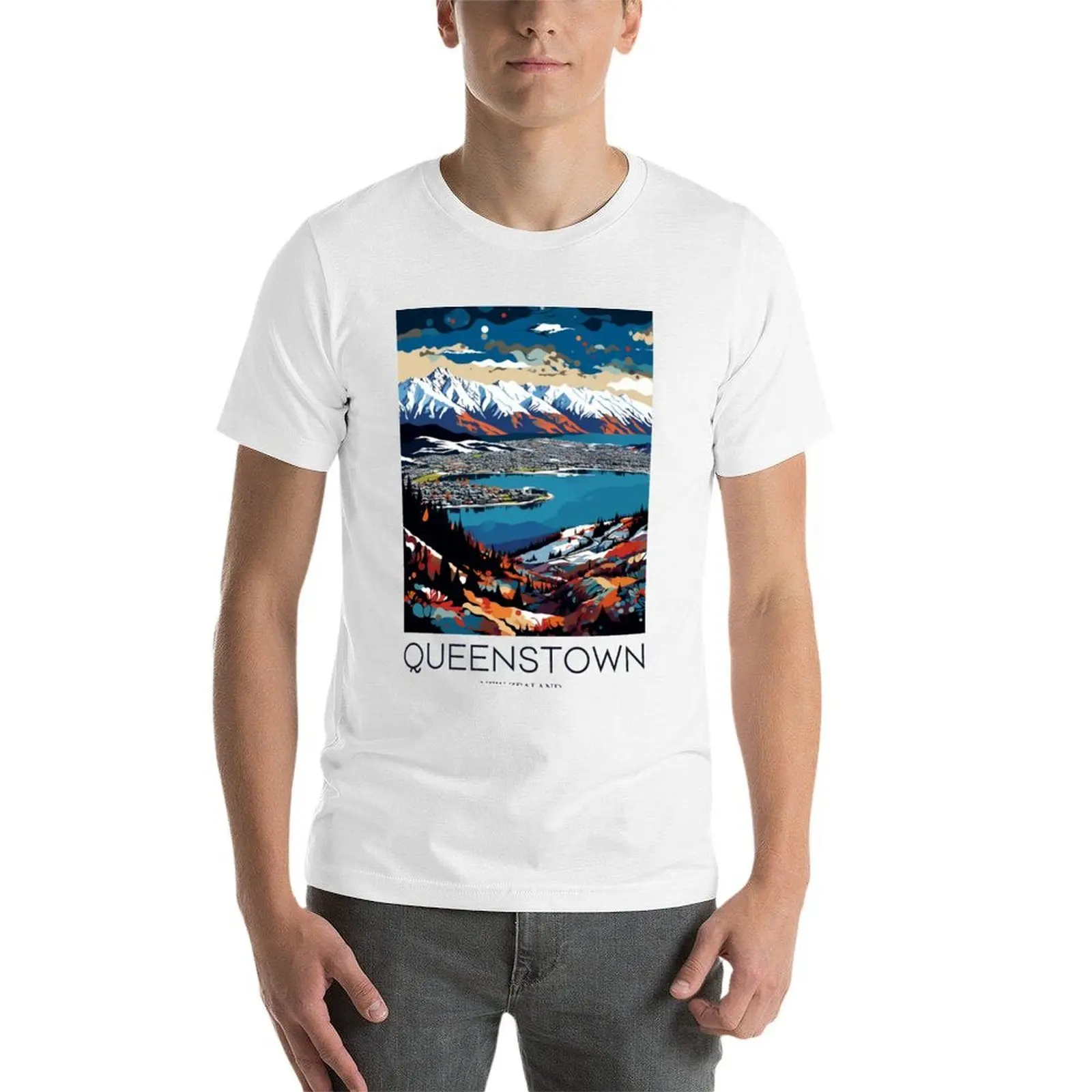 فن البوب السفر طباعة من Queenstown-نيوزيلندا تي شيرت القطن تي شيرت رجل 100% تي شيرت للرجل سليم تي شيرت مجسم