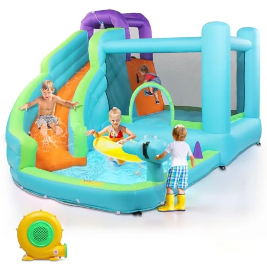 

Надувной батут-горка с водной горкой и бассейном, 350 Вт воздуходувка, для двора и улицы, с зоной для скалолазания