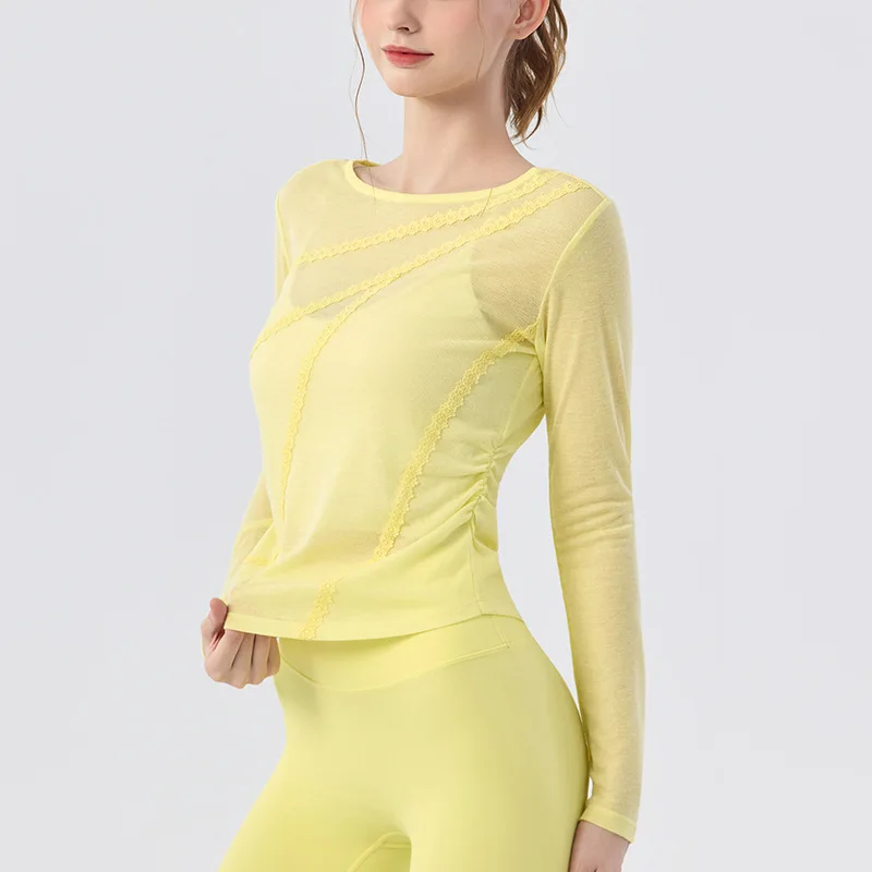

Кружевная лоскутная женская легкая тонкая дышащая тонкая футболка с длинными рукавами для йоги, спортивная блузка для бега и фитнеса, удобные топы