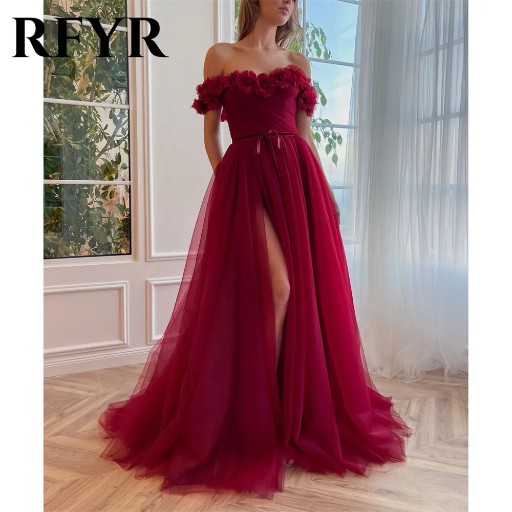 

RFYR Burgundy Net Evening Gown Off the Shoulder Elegant Prom Dress 3D Flower Wedding Evening Dress robes de soirée Customized