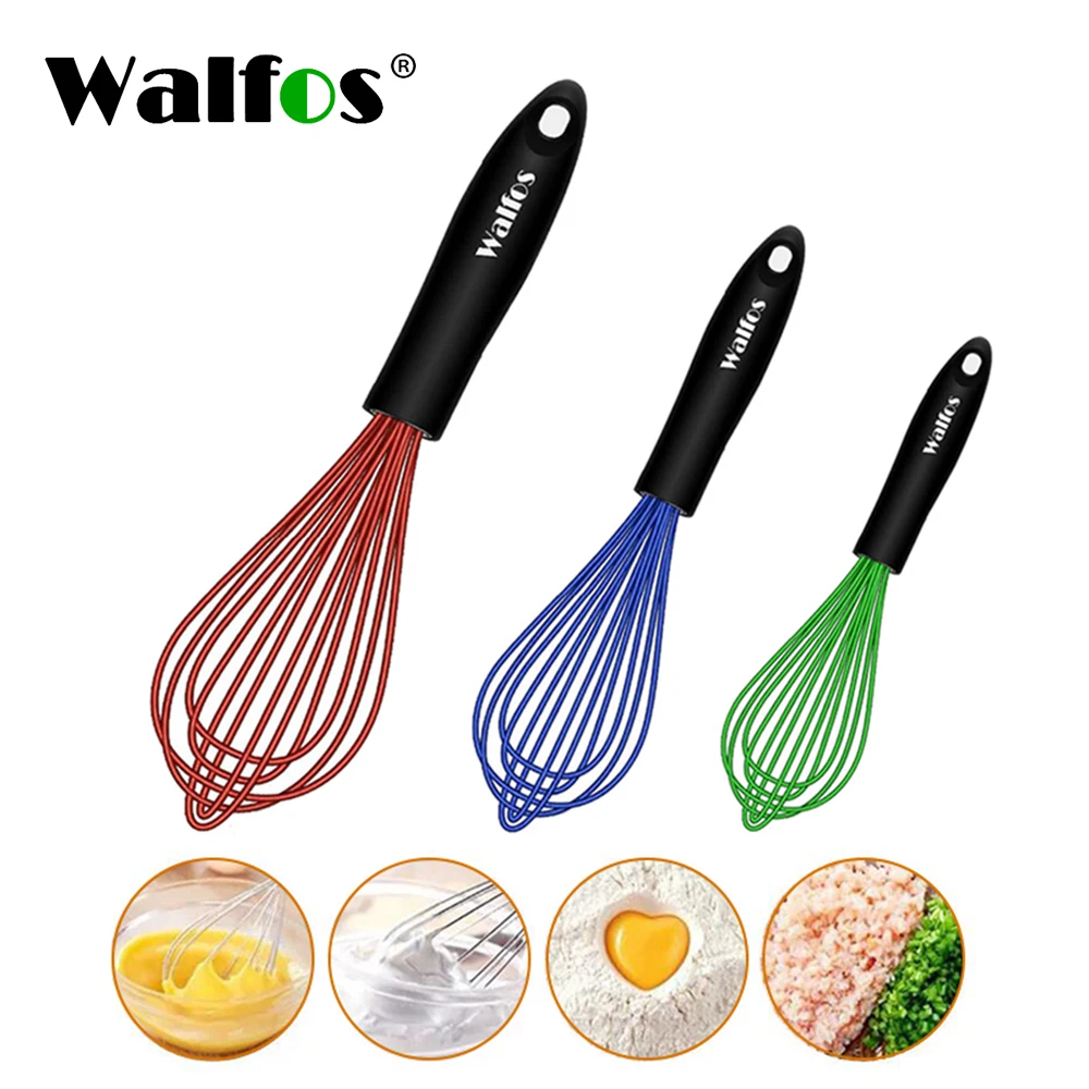 Walfos 3 Pieces Silicone  Stainless Steel Wire Whisk - Mixing Bowl Kitchen Whisk For Non-Stick Egg Foamer Stirrer Kitchen Tool