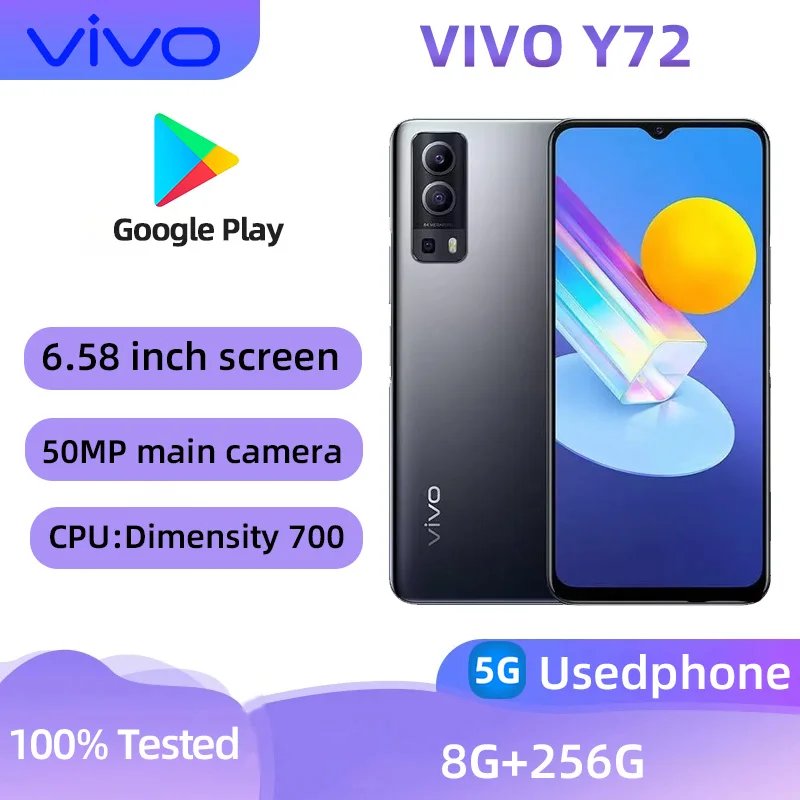 هاتف ذكي VIVO Y72 5G وحدة المعالجة المركزية الأبعاد 700 6.58 بوصة 5000 مللي أمبير 18 واط شحن 64 ميجابكسل كاميرات أندرويد هاتف مستعمل