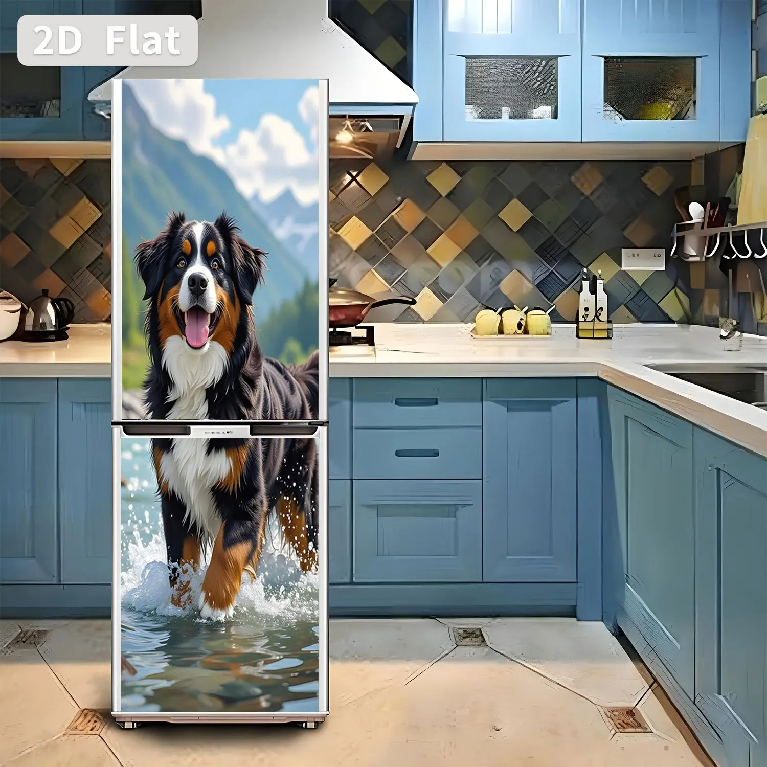 Refrigerator Sticker Bernese Mountain Dog Playing in Water Theme Design Wall Sticker Decorative Wallpaper Self-Adhesive Suita - view 4