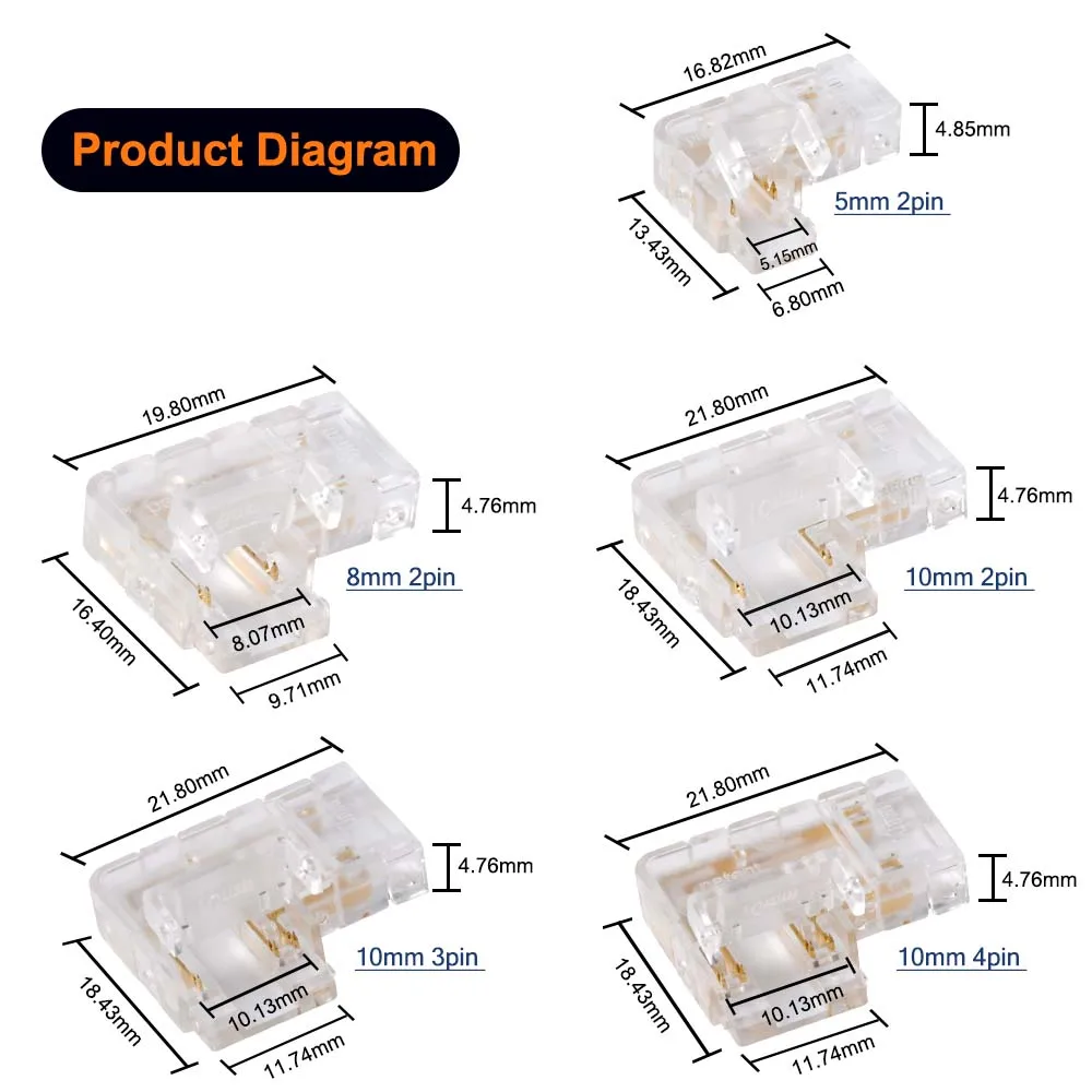 COB LED Strip Connector Seamless 2/3/4pin 5/8/10mm Right Angle Corner Connectors for CCT RGB LED Strip Lights 90 Degree L Shape