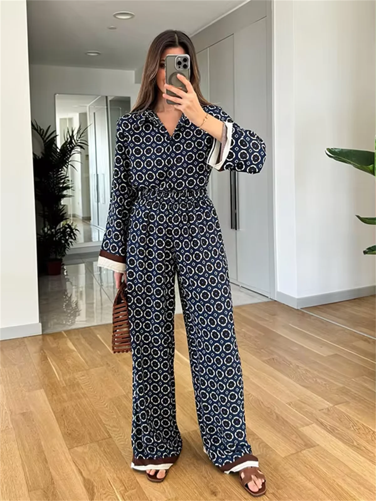 Women Printed Pant Sets 2024 Autumn Spring Long Sleeve Shirts Wide Leg Pants Suit Casual Loose Vintage New In Lady 2 Piece Set