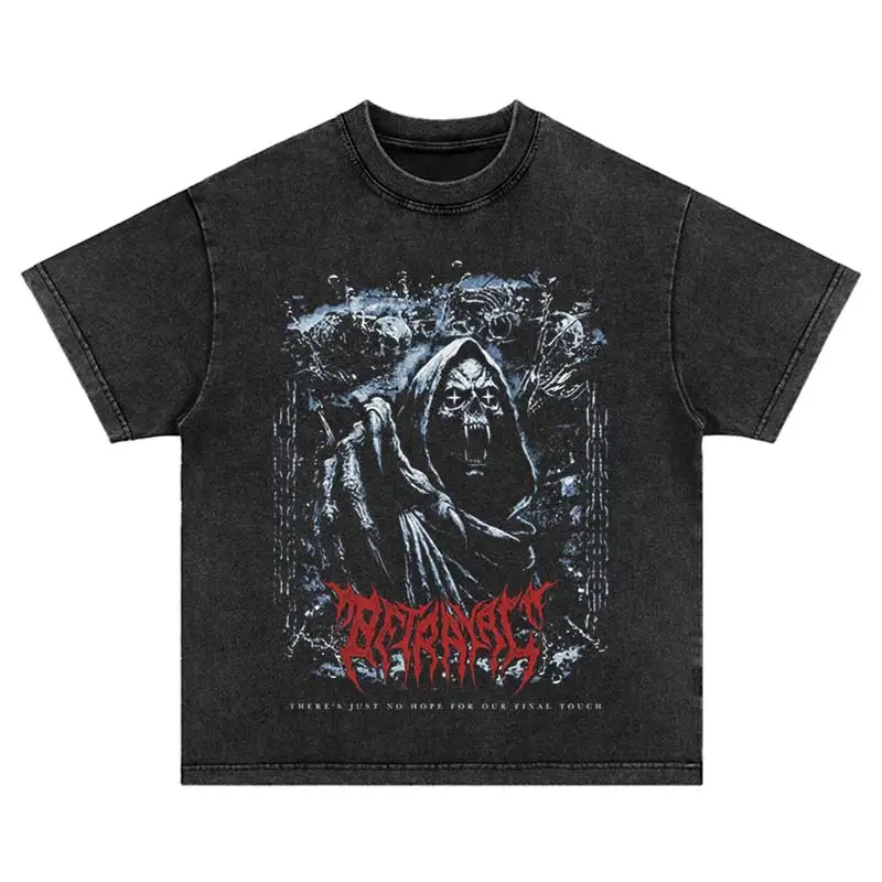 Summer Hip Hop Leisure Harajuku Punk Skull Print T-Shirt Fashion Neutral Vintage Streetwear Washed Cotton Oversized Tshirt Tops