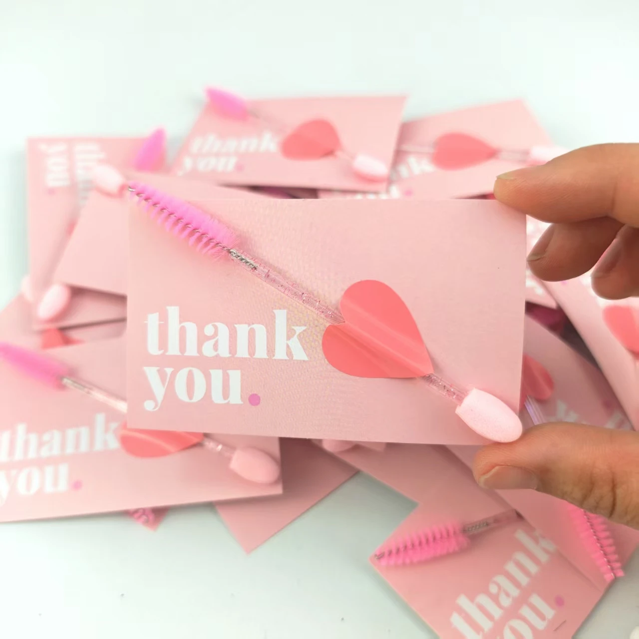  Eyelash Extension Client Thank You Cards with 2-in-1 Makeup Brushes, Cute Pink 