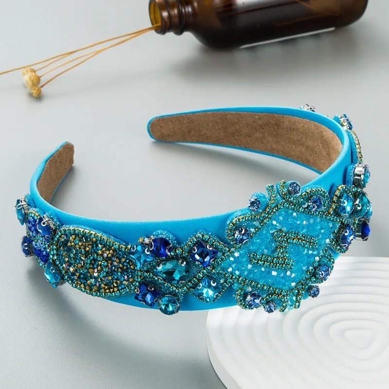 Women Blue Headband New Fashion Casual Crystal Hairband Rhinestone Padded Headwear Turban Classic Adult Hair Accessories