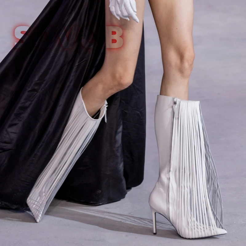 Fringe Detail Knee High Boots with Stiletto Heels Pointed Toe Tassel Design for Women Fall Winter Dress Shoes Side Zip Long Boot