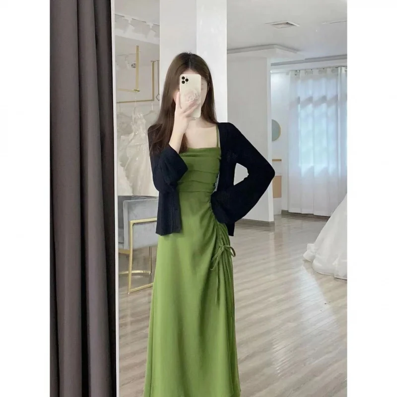 Casaco de seda saias terno emagrecimento jovem vestido verde camisa de duas peças terno feminino summe