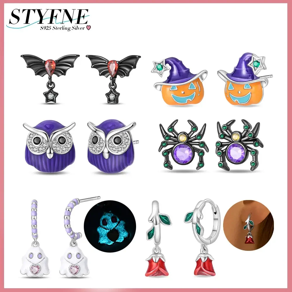 925 Sterling Silver Scary Dark Bat Pumpkin Spider Cute Ghost Owl Original Earrings High Jewelry Halloween Series Gifts