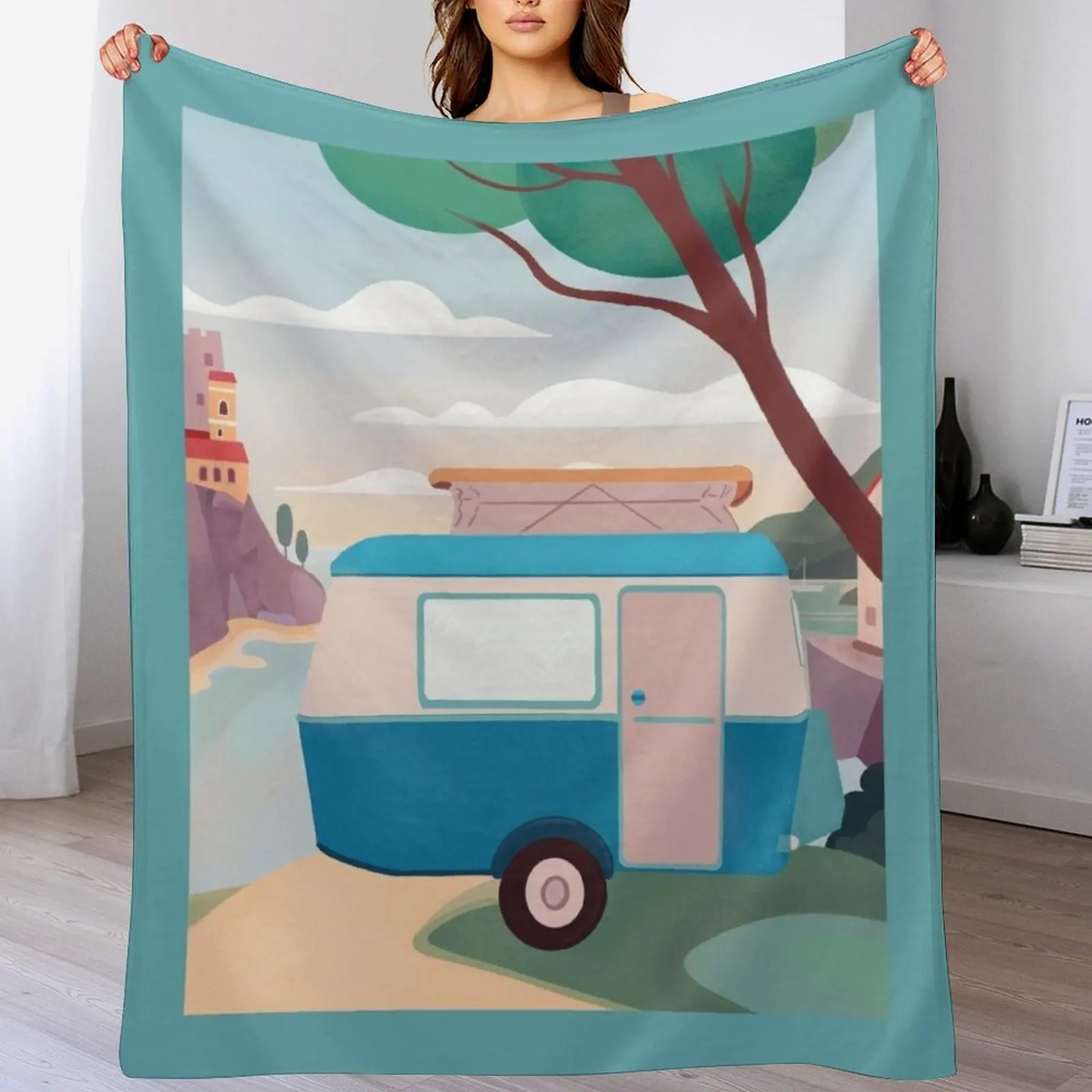 Vintage Caravan by the Sea Throw Blanket Soft Bedroom Blanket for Night Sleeping