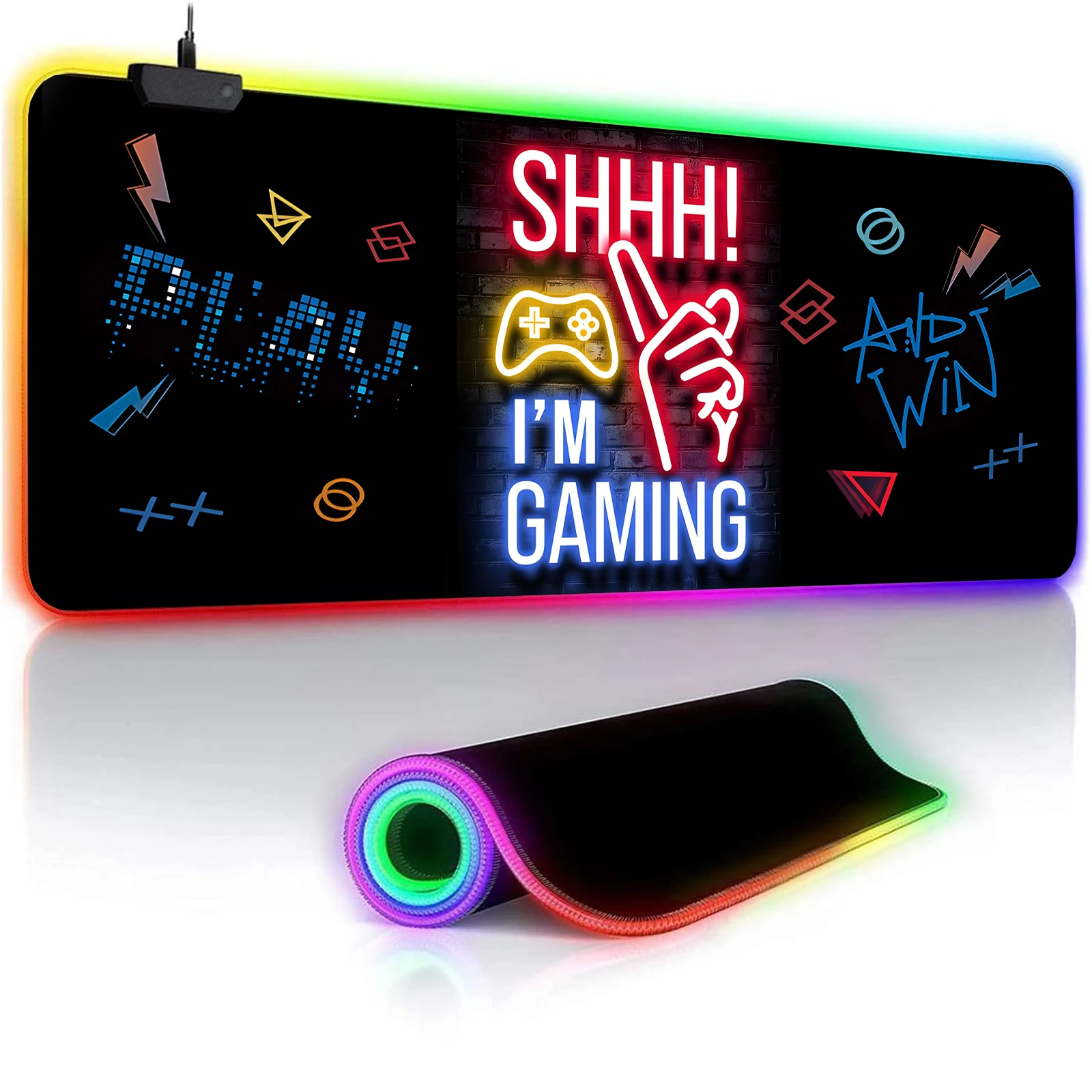 

Тхш! I'm Gaming Pattern RGB Light Игровой коврик для мыши Режимы освещения Кнопка управления Большой коврик для компьютерной клавиатуры Нескользящая резиновая основа