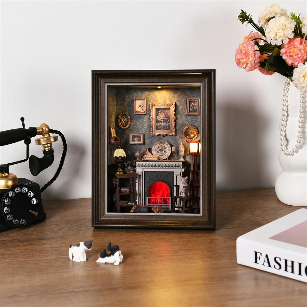 Bücherregal-Deko-Set Kamin DIY 3D Holzpuzzle Fotorahmen Ornament Bücherregal Puppenhaus Modell Buchstütze Bausatz Heimdekoration – Detail 7