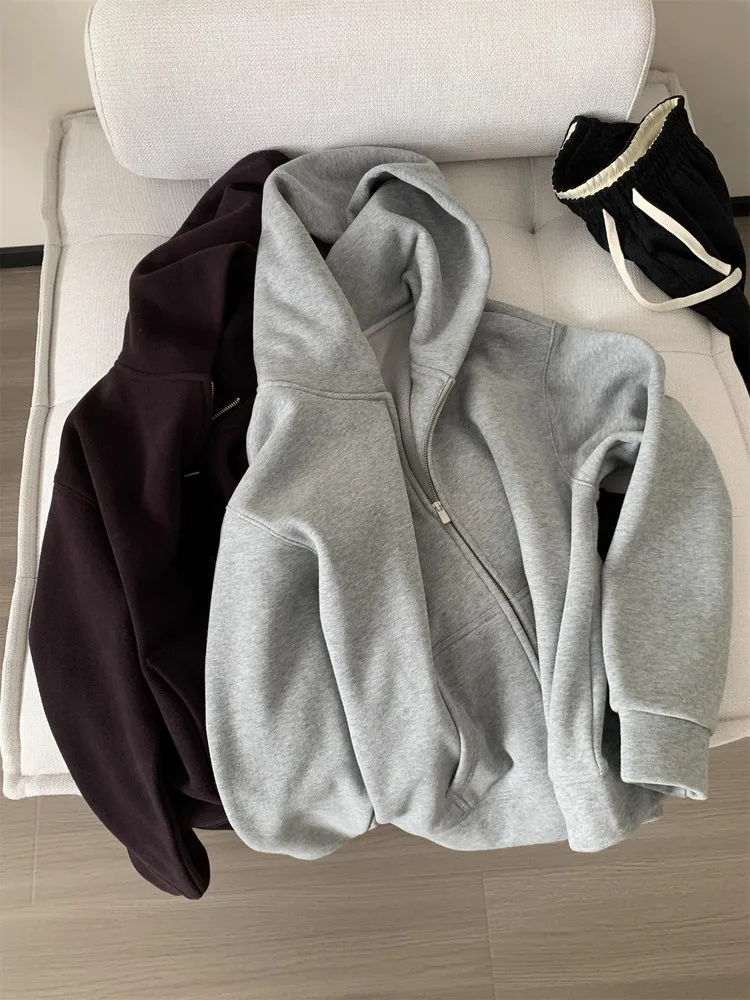 Plus Size Fce Hoodie Jaet Damen Lazy Oversized Zipper Cardigan Winter Thiened Inner ket Long Sve Korean Sle