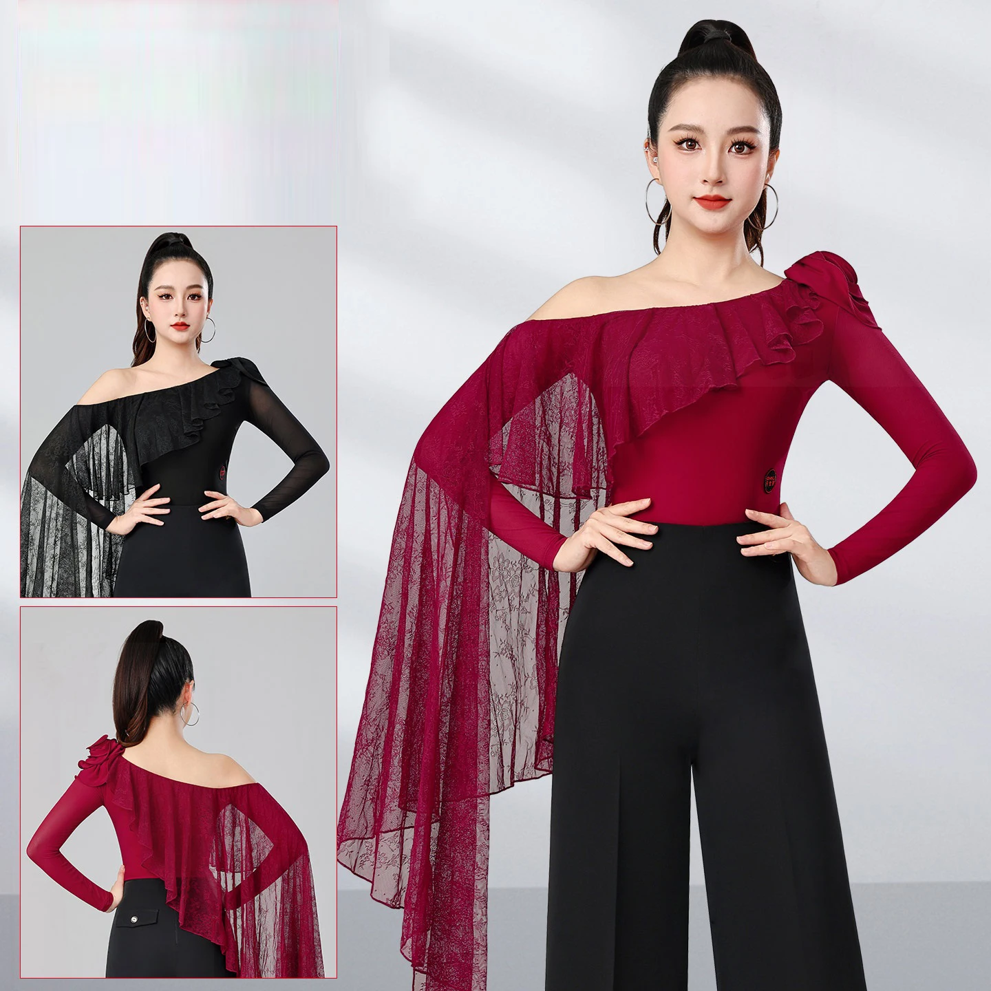 

Топы для бальных танцев с нерегулярными рукавами и рюшами, женские топы для самбы, латинских танцев, топ для взрослых, румба, топ для современных танцев, тренировочная одежда 13548