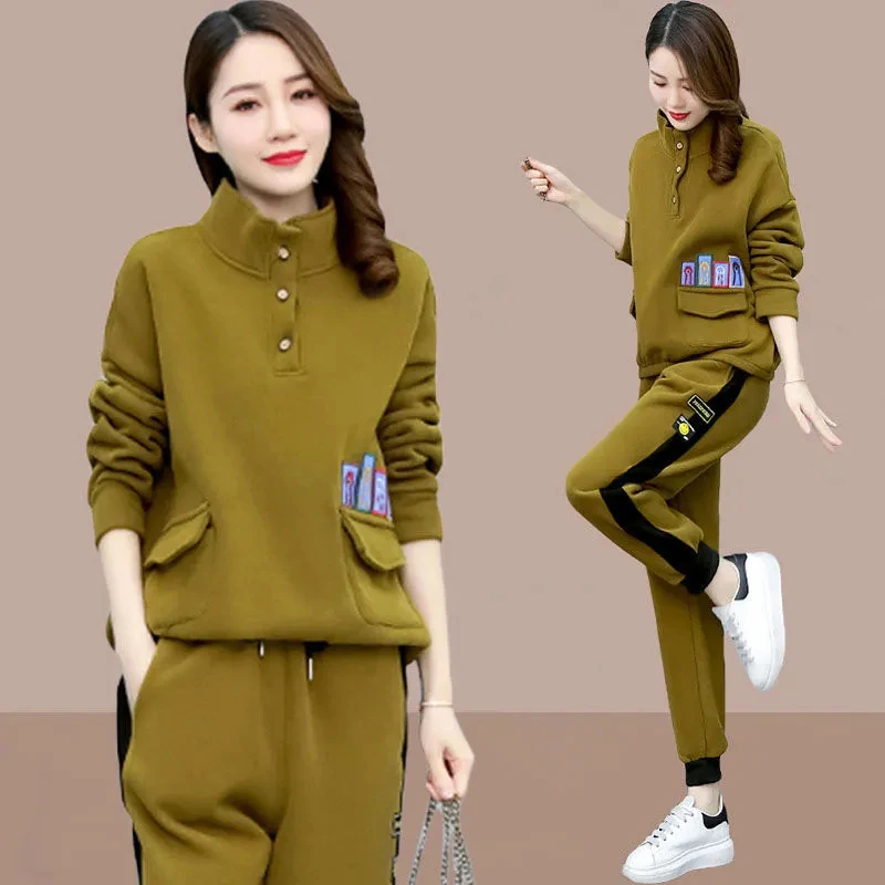 New Spring Autumn Sportswear Sweater Suit Women's Pullover Sweatshirt Two Piece Female Casual Trousers Sets Pure Cotton Red 4XL