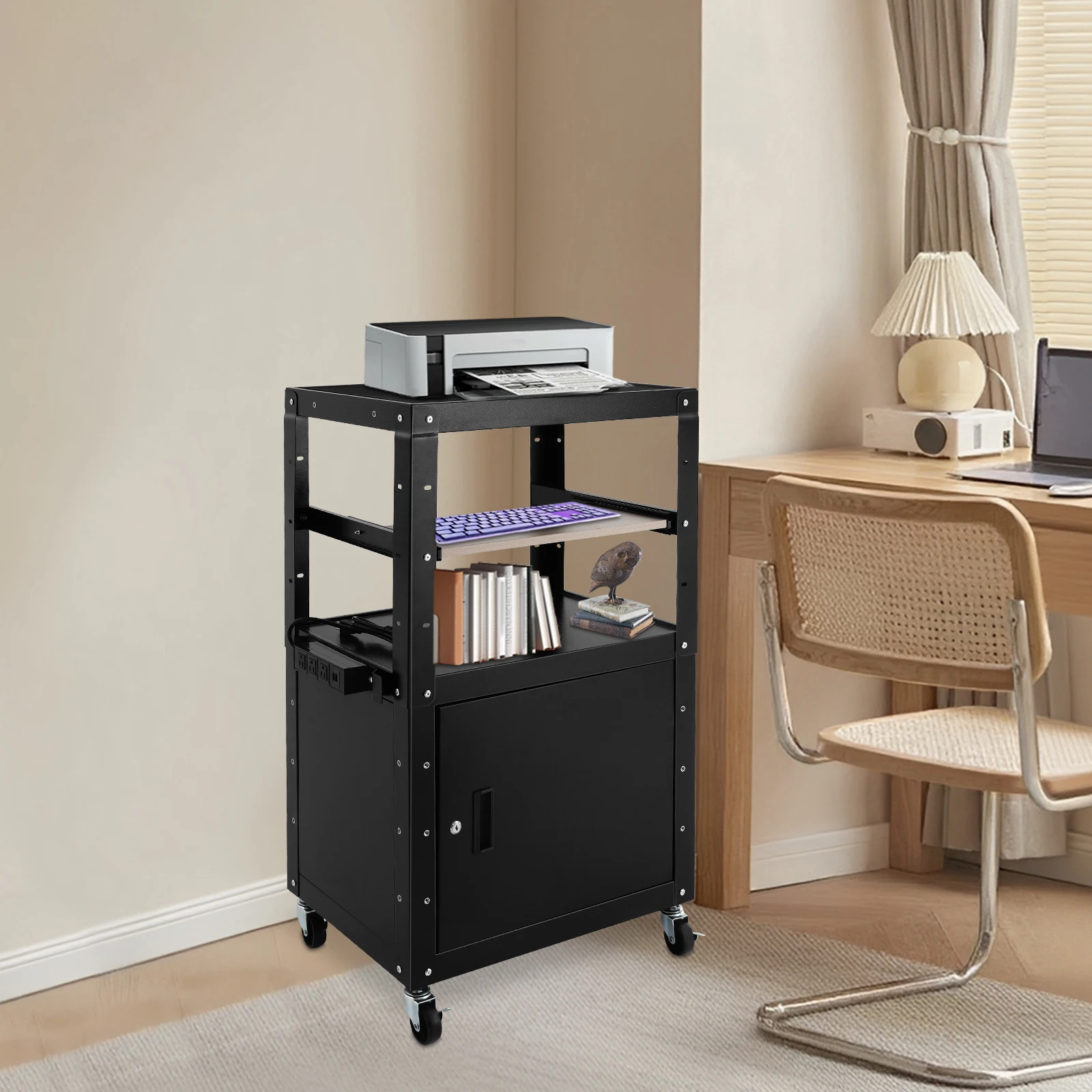 

Multifunctional Office AV Cart, Height Adjustable 31.5-43 Inch Mobile Stand with Power Strip & Locking Cabinet, 77lbs Capacity f