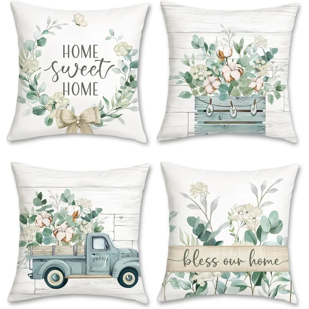 JIT 4-Piece Set Of Eucalyptus Leaf Pattern X 18 Inches Blue Truck Sweet Farmhouse Style Decorative Super Soft Sofa Bed Home