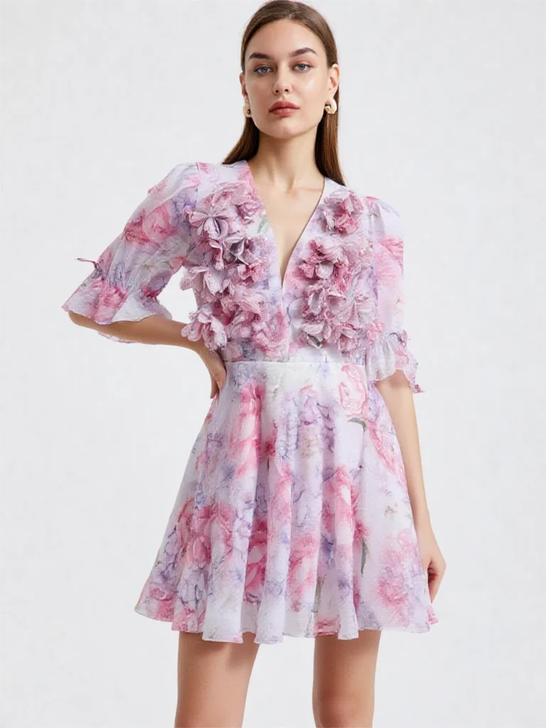 Elegant Sexy Flower Print Mini Dress with Ruffles Flared Sleeve Layered V-neck for Women Party Evening Club Outfit 2026