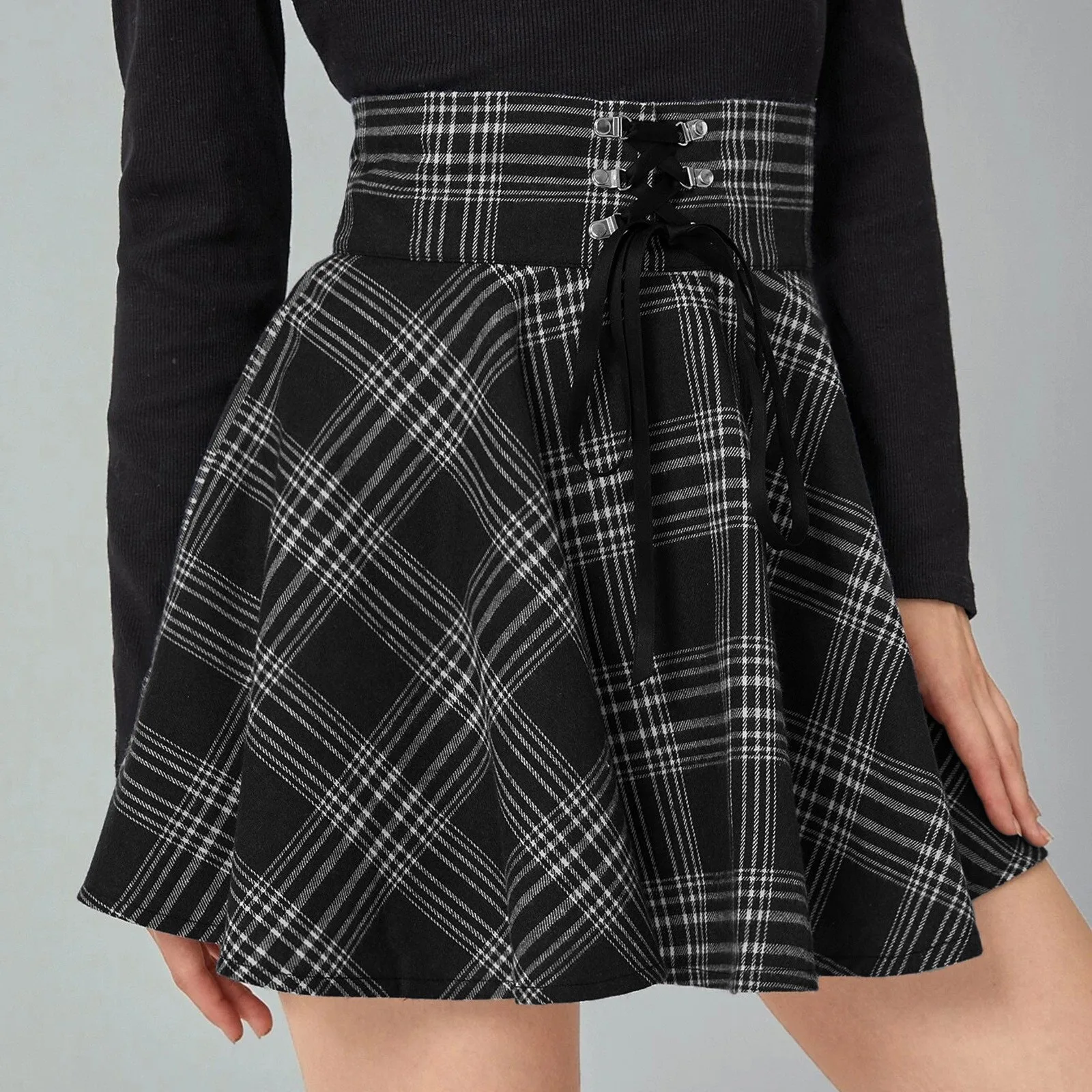 

Women Fashion Retro Punk Plaid Print Skirt Strap Zipper Short Skirt Little Dress Wine Mesh Dress