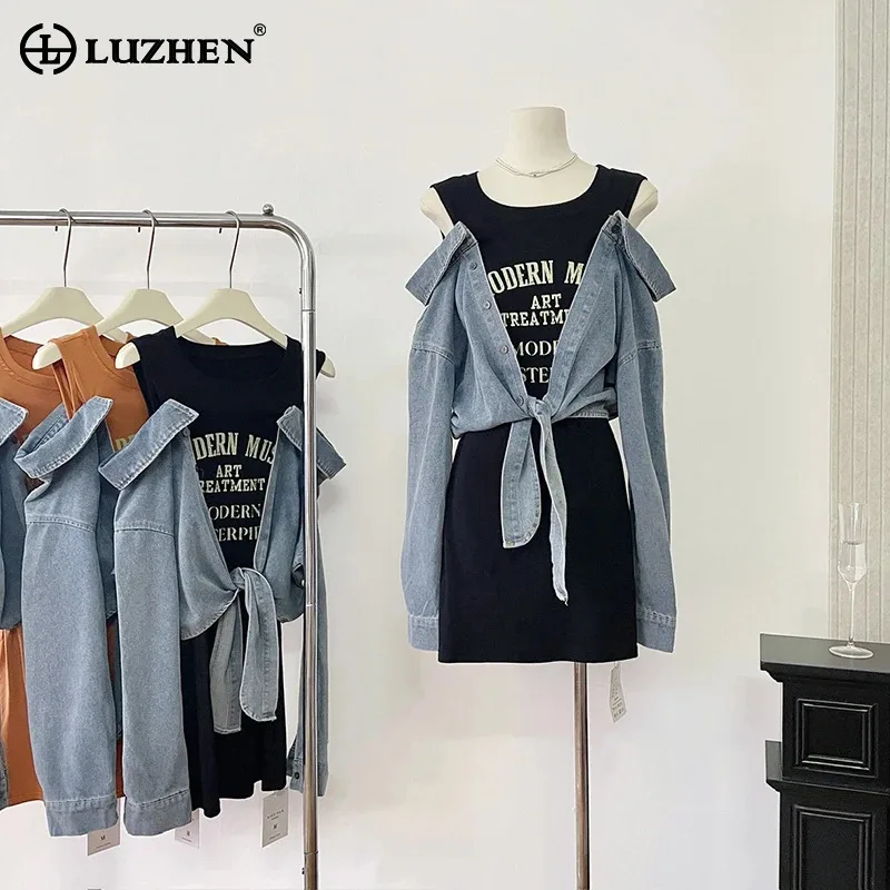 LUZHEN Fashion Spicy Girl Strap Ins Short Denim Jacket Sleeveless Dresses Women's Two-piece Sets Letter Printed Clothes AA1416