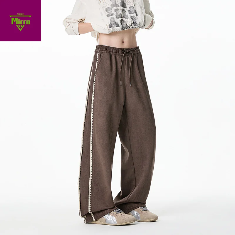 

【Mirrordust】280G Suede Straight Casual Pants Autumn Embroidered Japanese Retro Loose Trousers